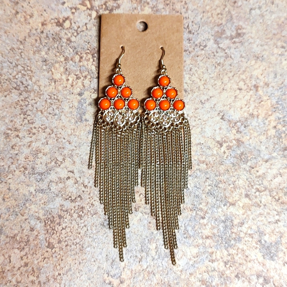 😻 3 For $15 Orange Lucite Gem Ornate Gold Chain Style Hi Lo Dangle Earrings